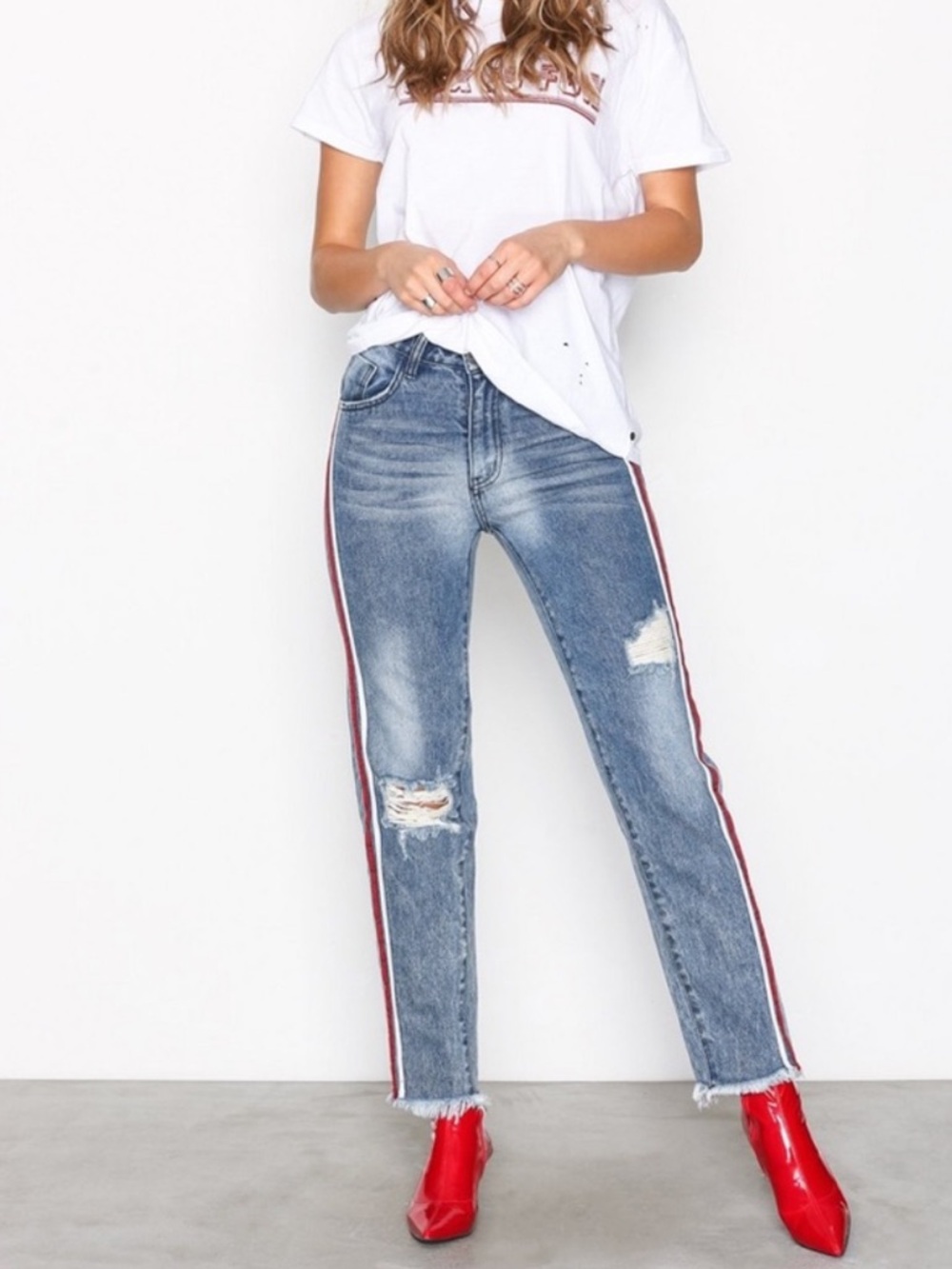 One Teaspoon Straight-Leg Distressed Jeans with Red & White Side Stripes
